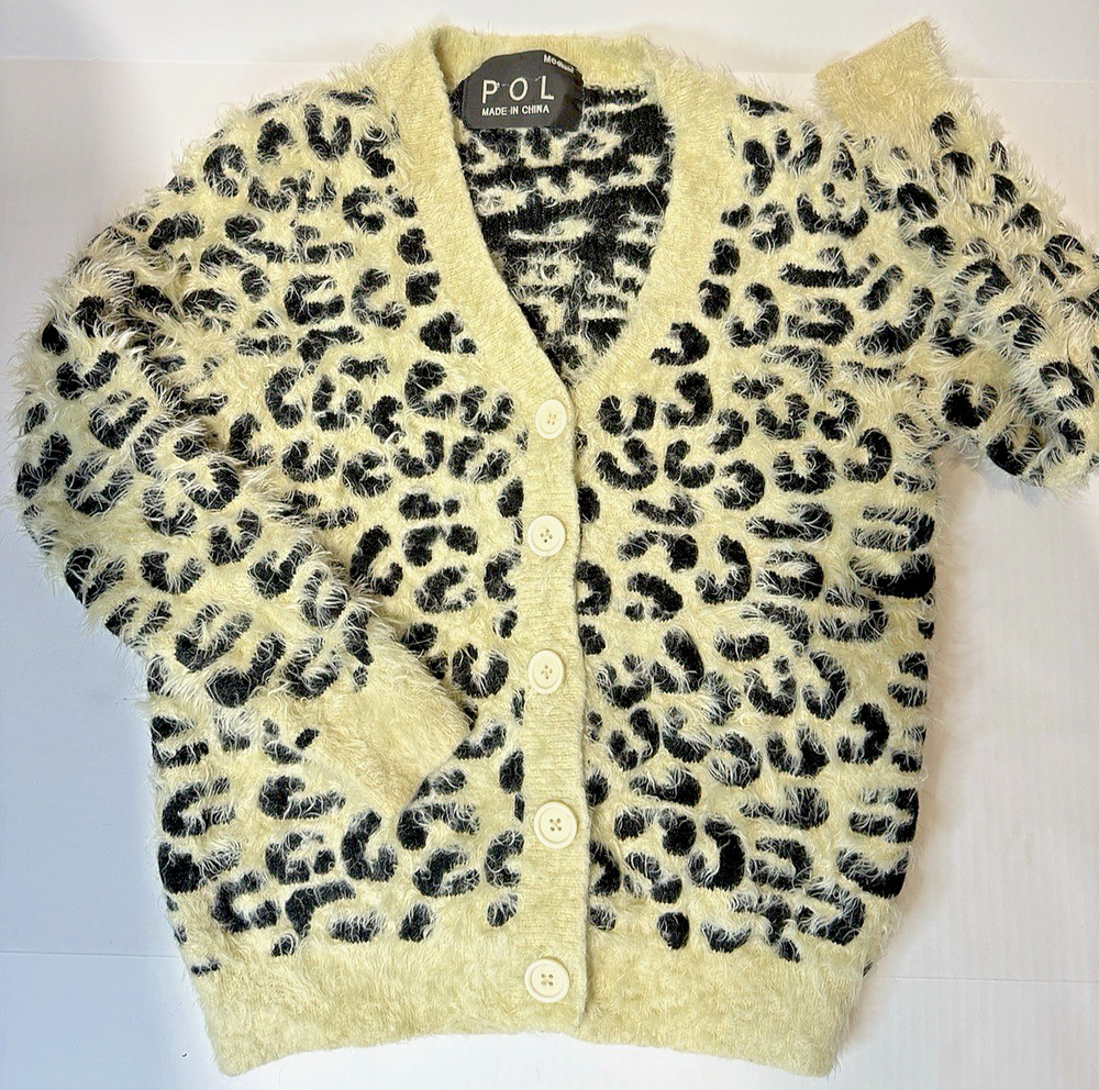 POL Ivory/Black Leopard Print Fuzzy Knit Button-Front Cardigan Cottagecore Y2K